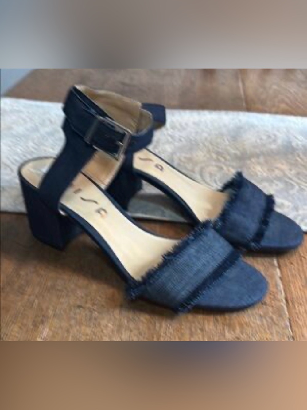 Women’s Dark Blue denim Block Heel Sandals with Ankle Strap
